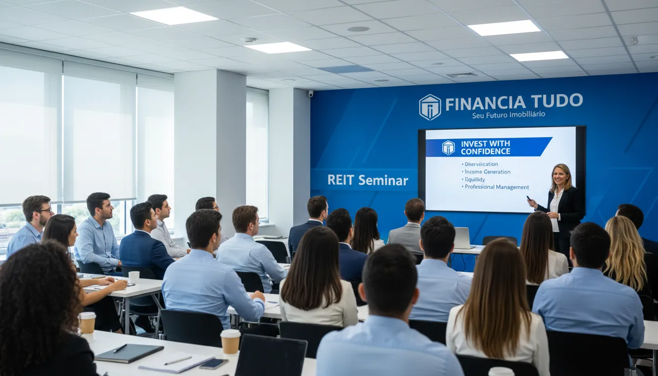 Jovens profissionais aprendendo sobre fundos imobiliários em seminário da Financia Tudo. Invista no seu futuro com o apoio de especialistas e soluções personalizadas.