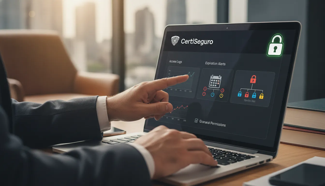 Advogado usa plataforma CertiSeguro para gerenciar certificado digital, exibindo painel de controle e alertas.