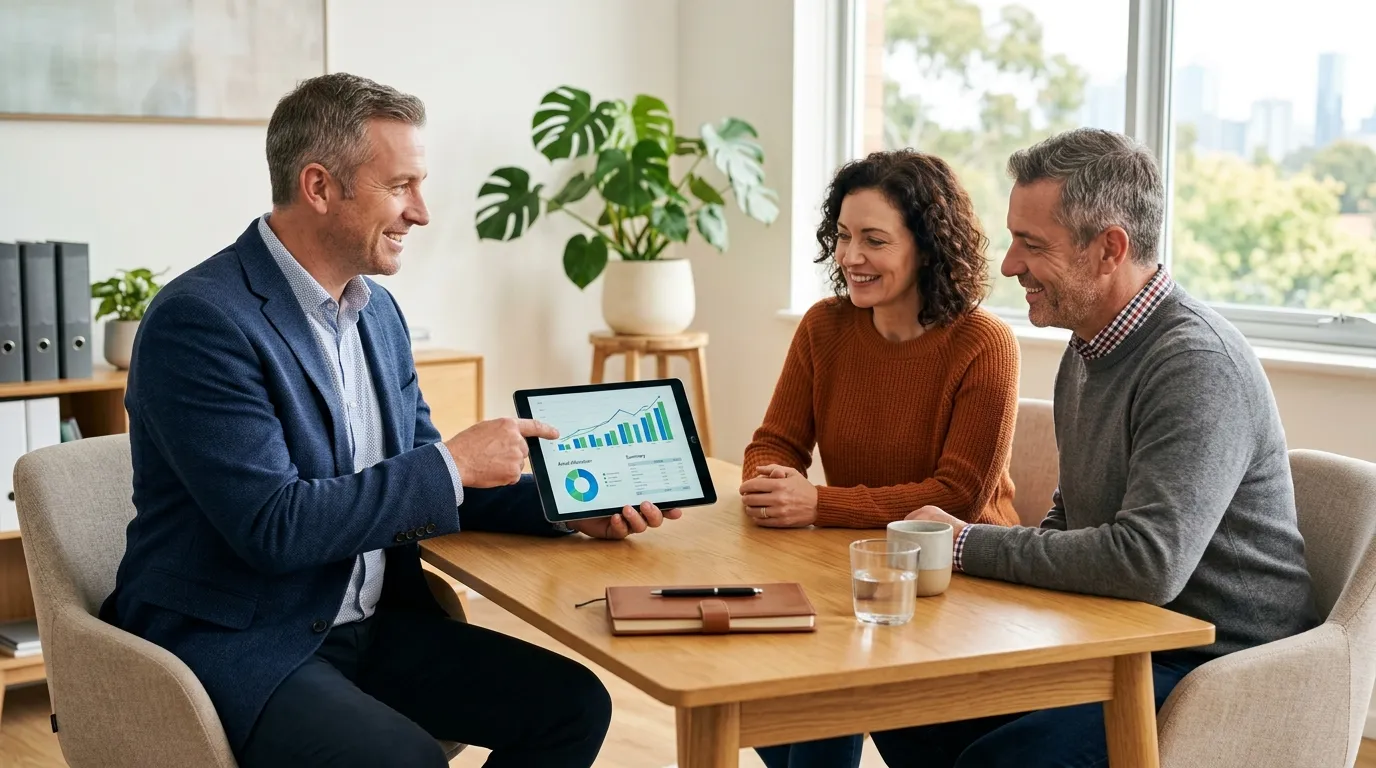 Consultor explica custos de financiamento de imóvel usado mostrando gráficos em um tablet.