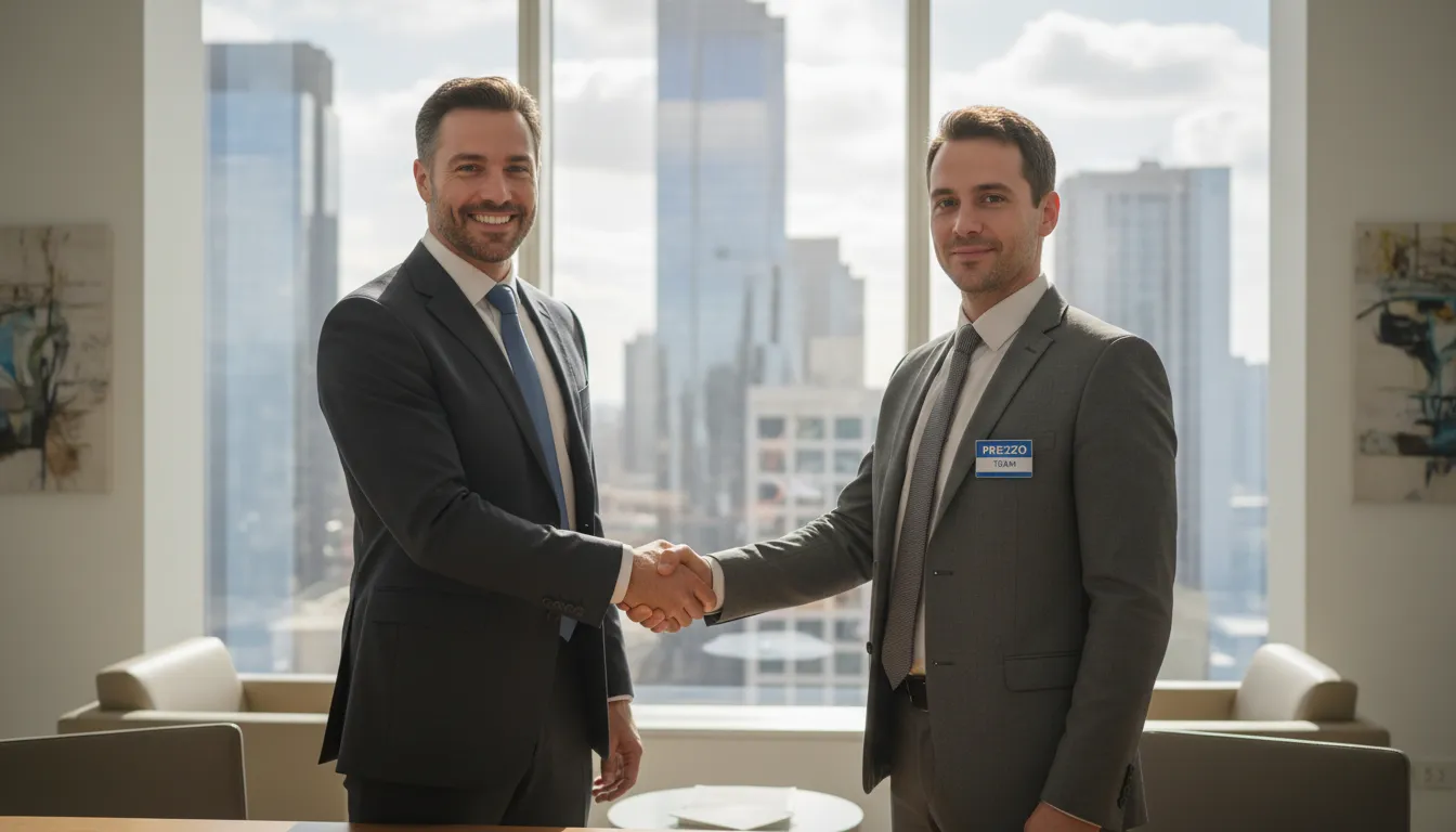 Aperto de mão confiante entre um empresário e um consultor da Prezzo Consulting, com o horizonte da cidade ao fundo. Uma imagem que transmite confiança e parceria para abrir empresa nos eua em 2026.
