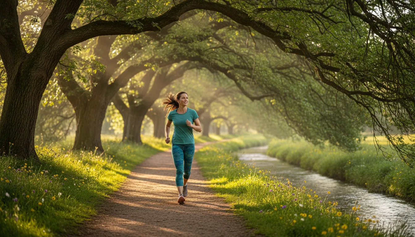 Pessoa se exercitando ao ar livre, correndo em um parque, mostrando o impacto positivo na saúde mental e bem-estar.