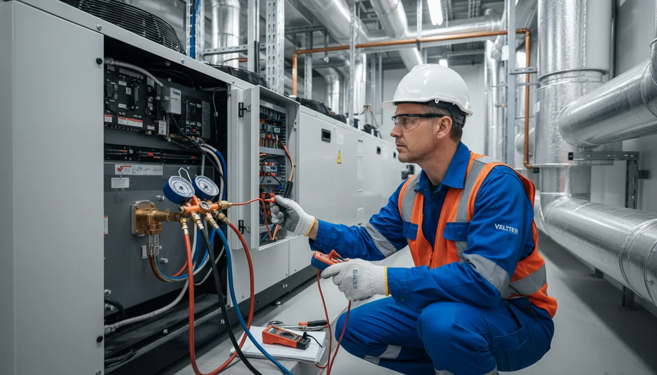 Engenheiro da Veltter realizando manutenção preventiva em sistema de climatização, evitando que ar condicionado não gela.