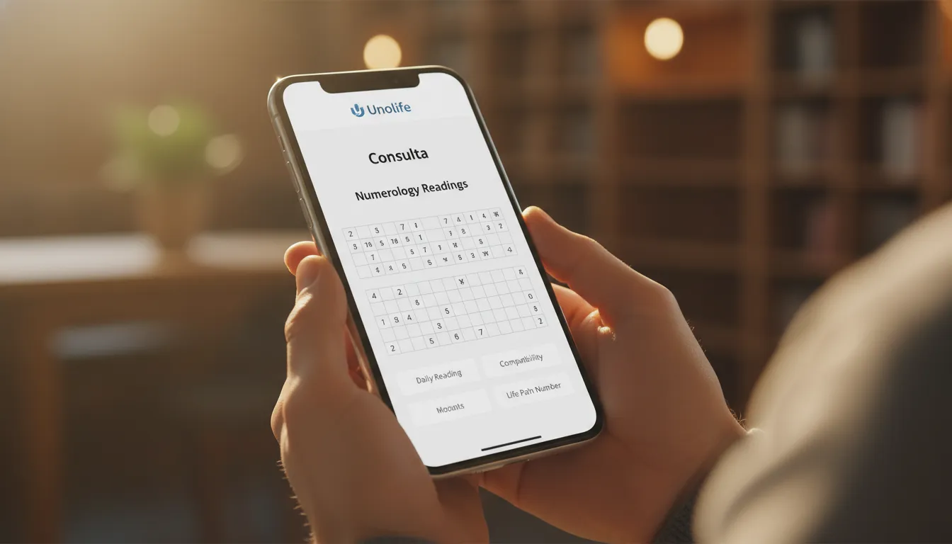 Mãos segurando um smartphone com um app de consulta de numerologia do nome. Representação da facilidade de acesso a especialistas online da Unolife.