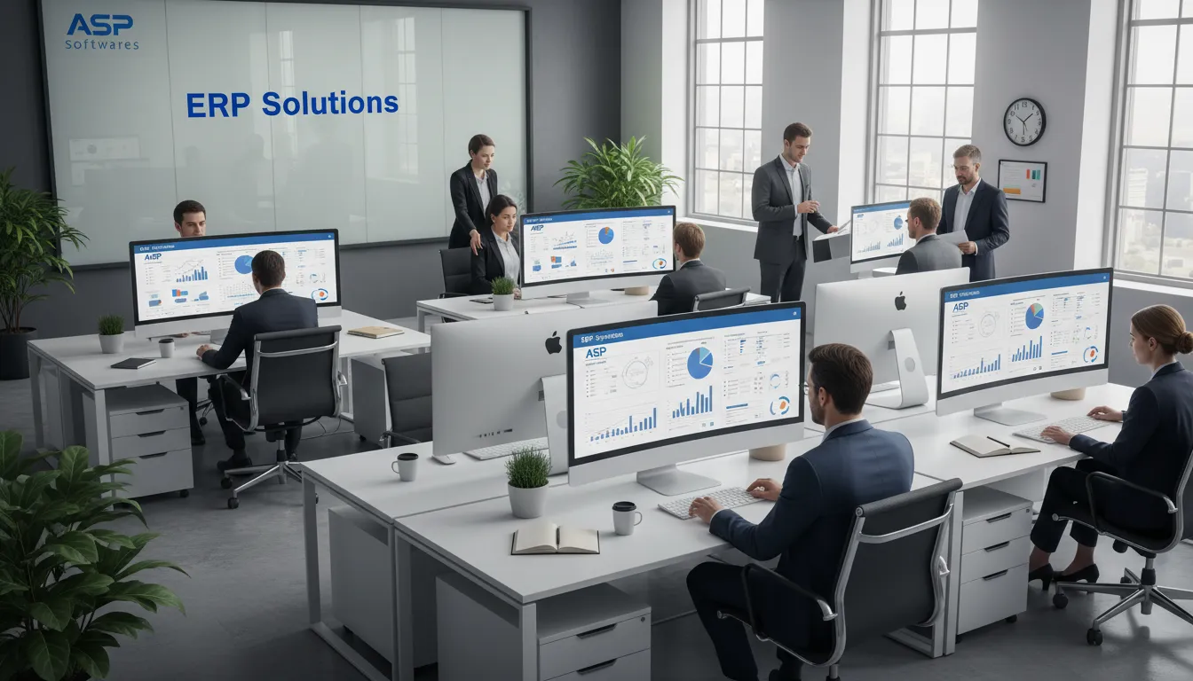 Profissionais em um escritório organizado analisando dados financeiros em telas com a interface da ASP Softwares, demonstrando o sistema ERP em ação para otimizar a gestão financeira.
