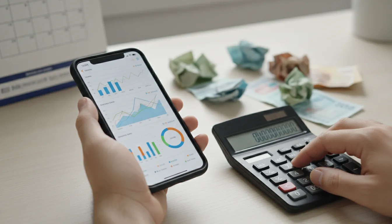 Mão usa app financeiro e calculadora para organizar finanças antes de solicitar empréstimo.