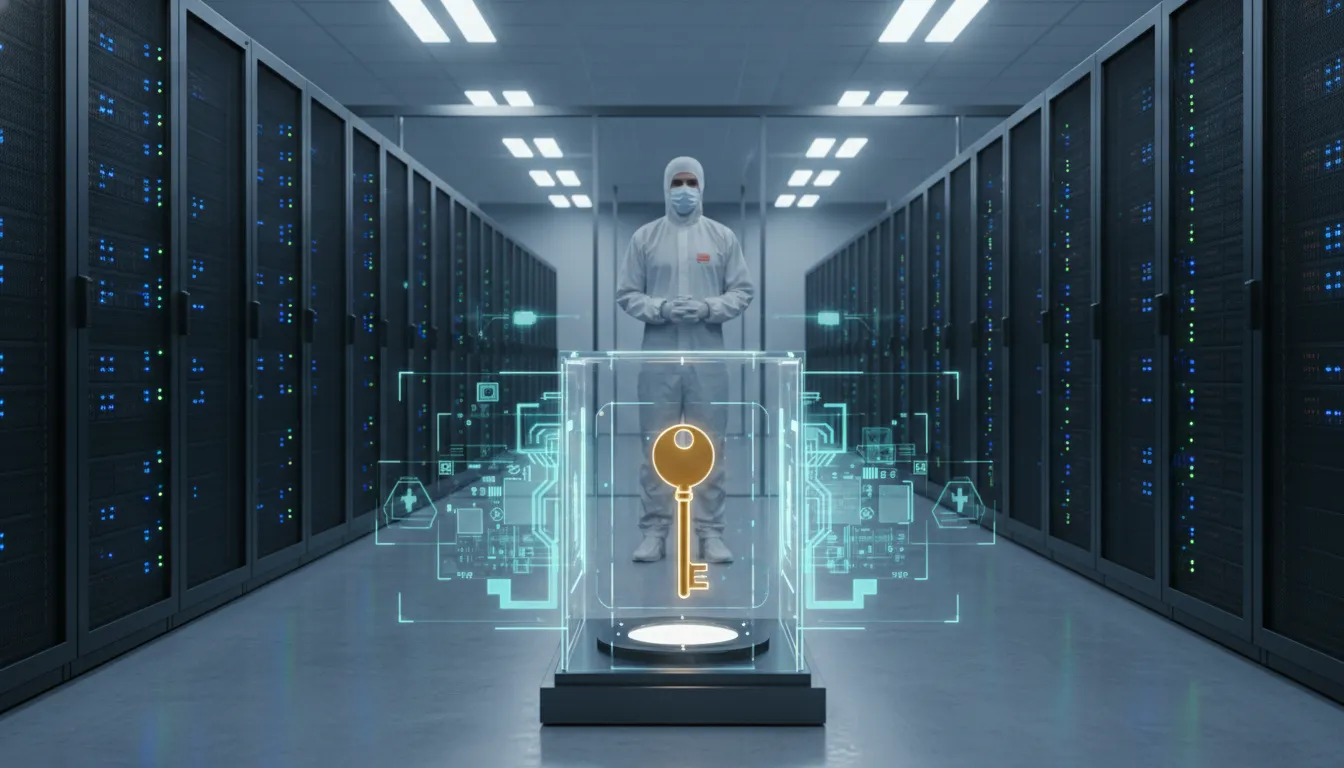 Certificado digital centralizado: chave dourada protegida em data center, garantindo segurança e controle.