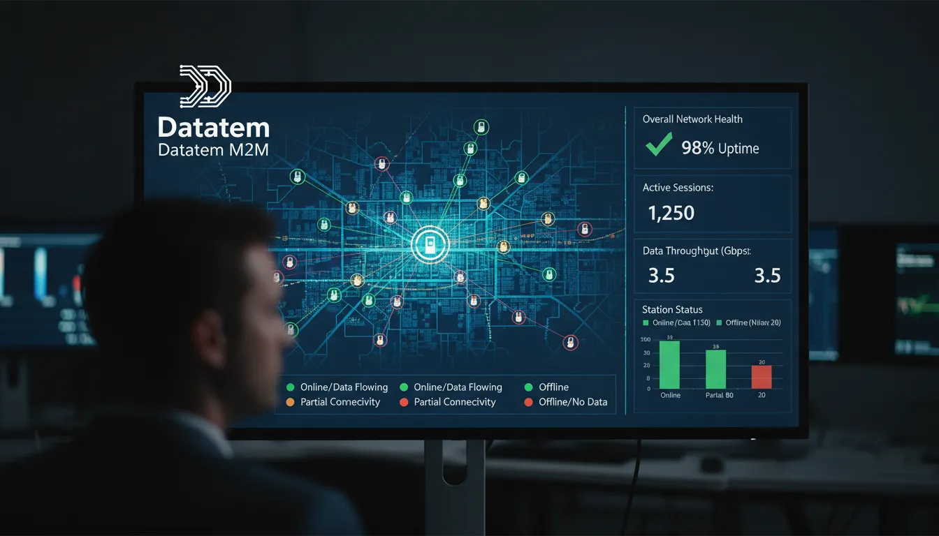 Painel de controle NOC monitorando eletropostos, enfatizando a conectividade e o fluxo de dados com a solução M2M da Datatem para gestão de recarga.