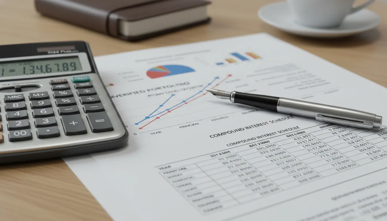 Calculadora e gráficos de crescimento exibindo simulação de rendimento com juros compostos.