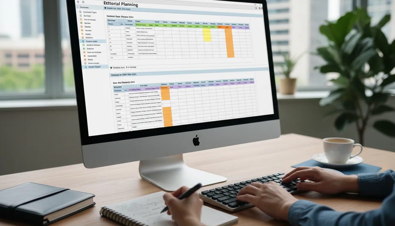 Como Planejar o Calendário Editorial do Blog do Seu Site para 2026 1 Planilha de calendário editorial sendo organizada por profissional