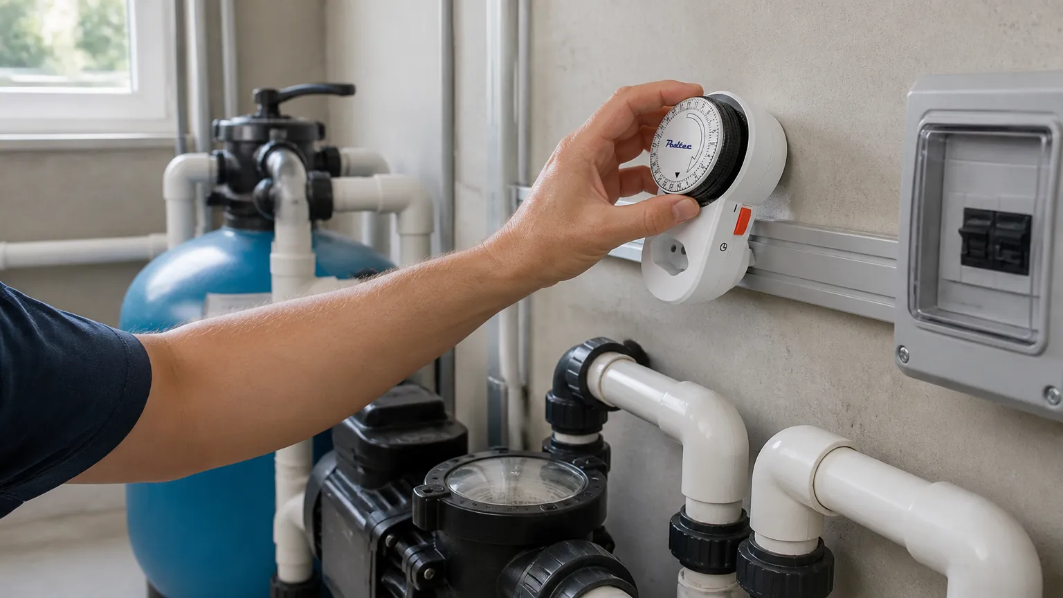 Programação de timer para bomba de piscina em quadro elétrico residencial para controle de filtragem.