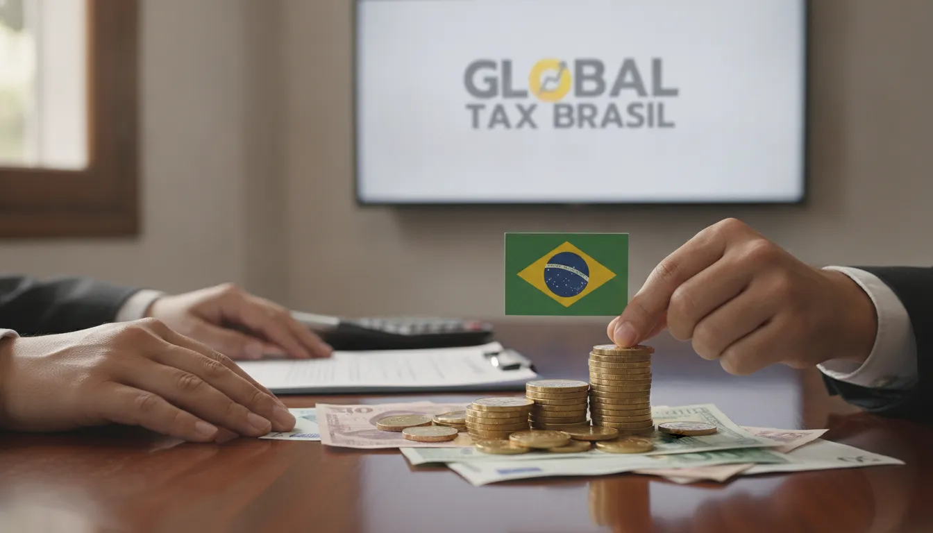 Mãos posicionam bandeira brasileira sobre moedas, simbolizando a repatriação de bens Brasil e otimização fiscal.