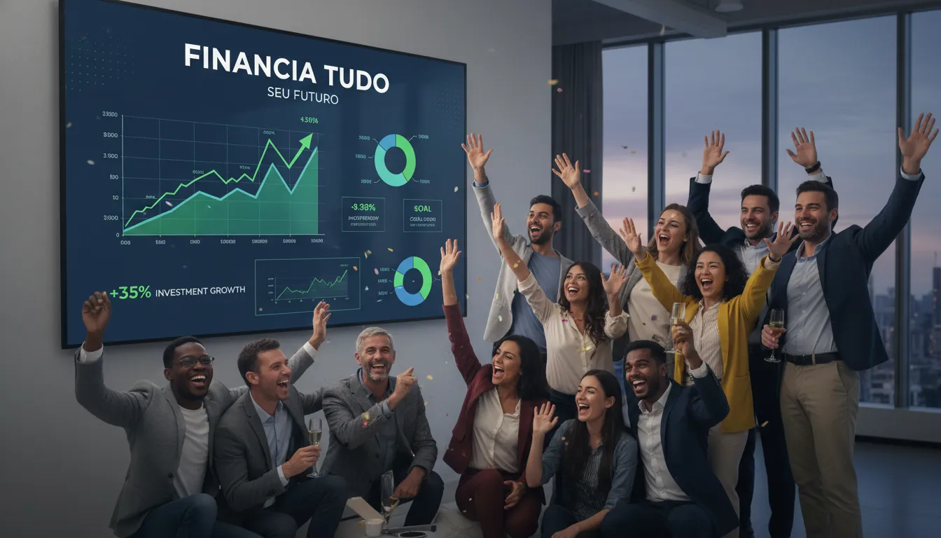 Grupo comemora planos financeiros bem-sucedidos em uma tela grande, refletindo a importância de como escolher o melhor banco.