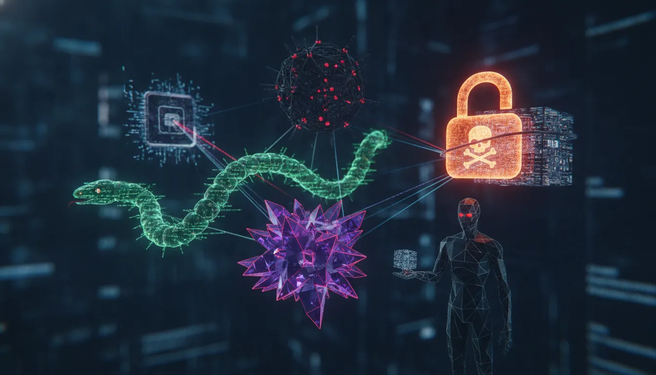 Representação visual realista de diversos tipos de malware, como vírus, worms e ransomware, interconectados digitalmente.