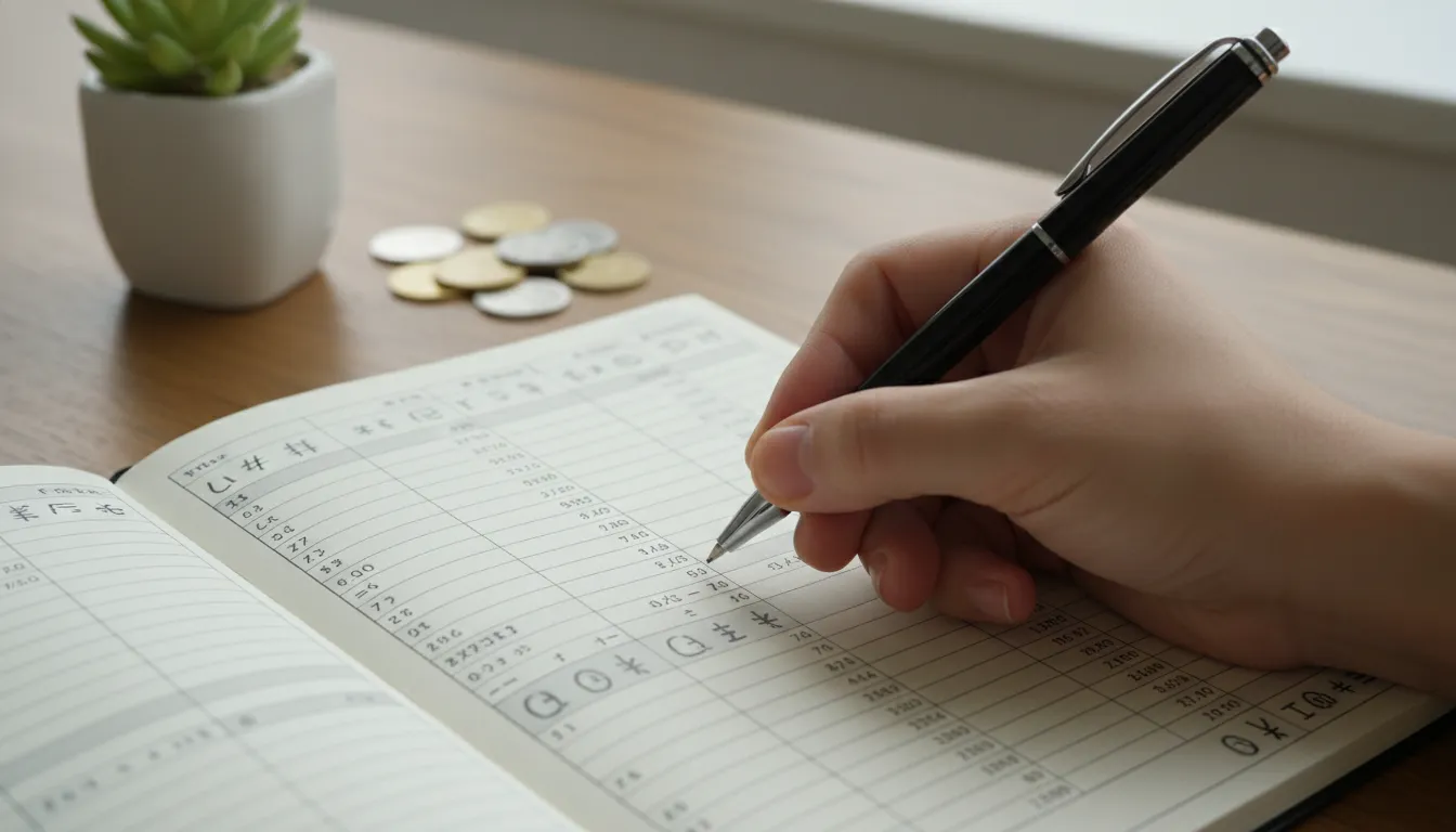 Mão escrevendo orçamento detalhado em caderno, com foco em planejamento financiamento imóvel. Moedas e planta ao fundo.