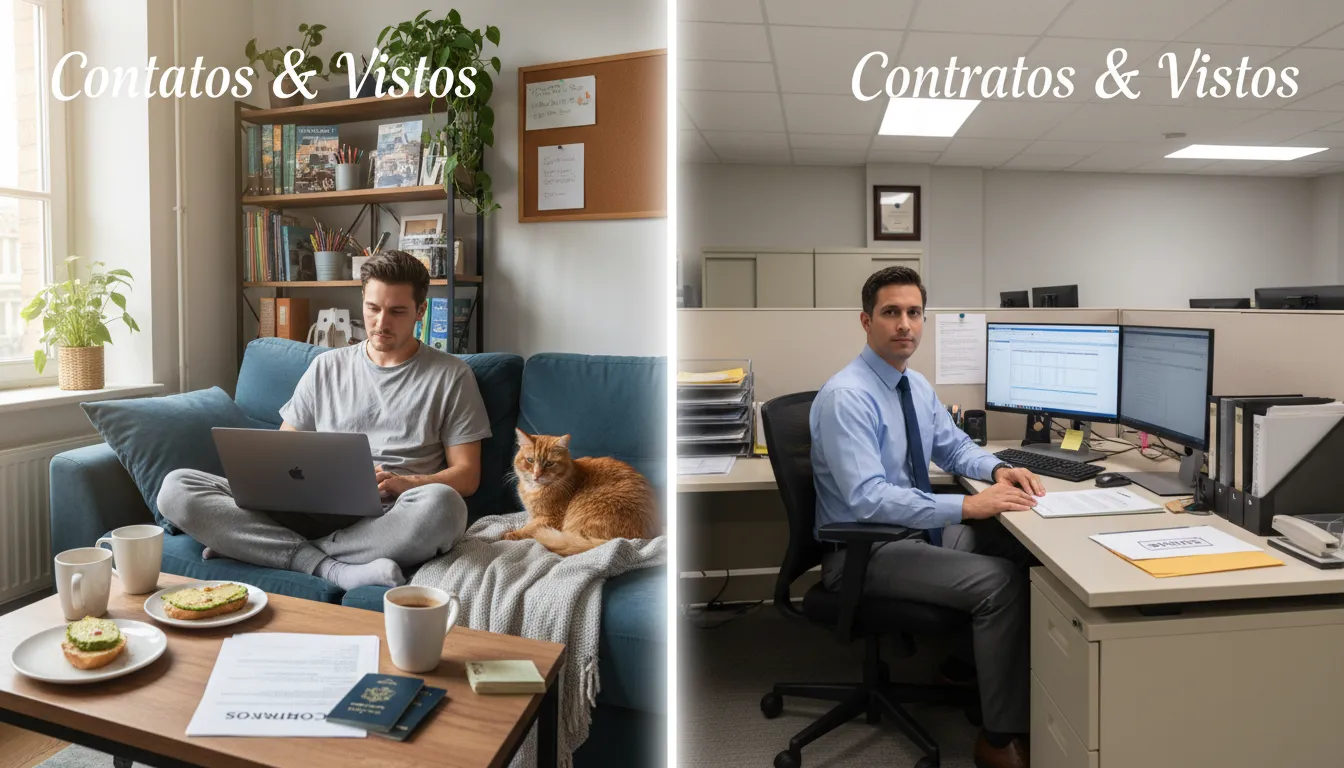 Imagem contrastando o trabalho autônomo e o emprego formal nos EUA, destacando a importância de contratos e vistos. Prezzo Consulting auxilia em ambos os casos.