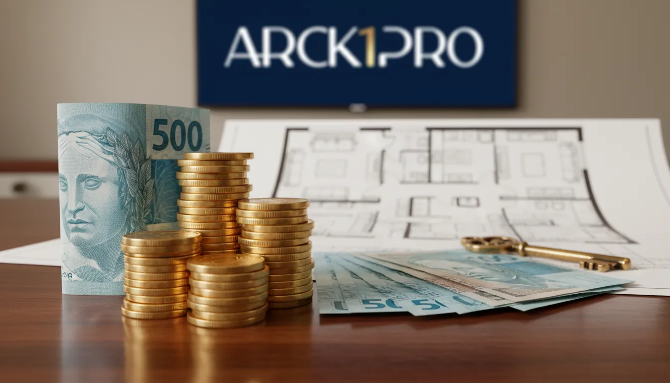 Moedas e notas sobre mesa, com planta de apartamento ao fundo, simbolizando valorização de imóveis e retorno financeiro.