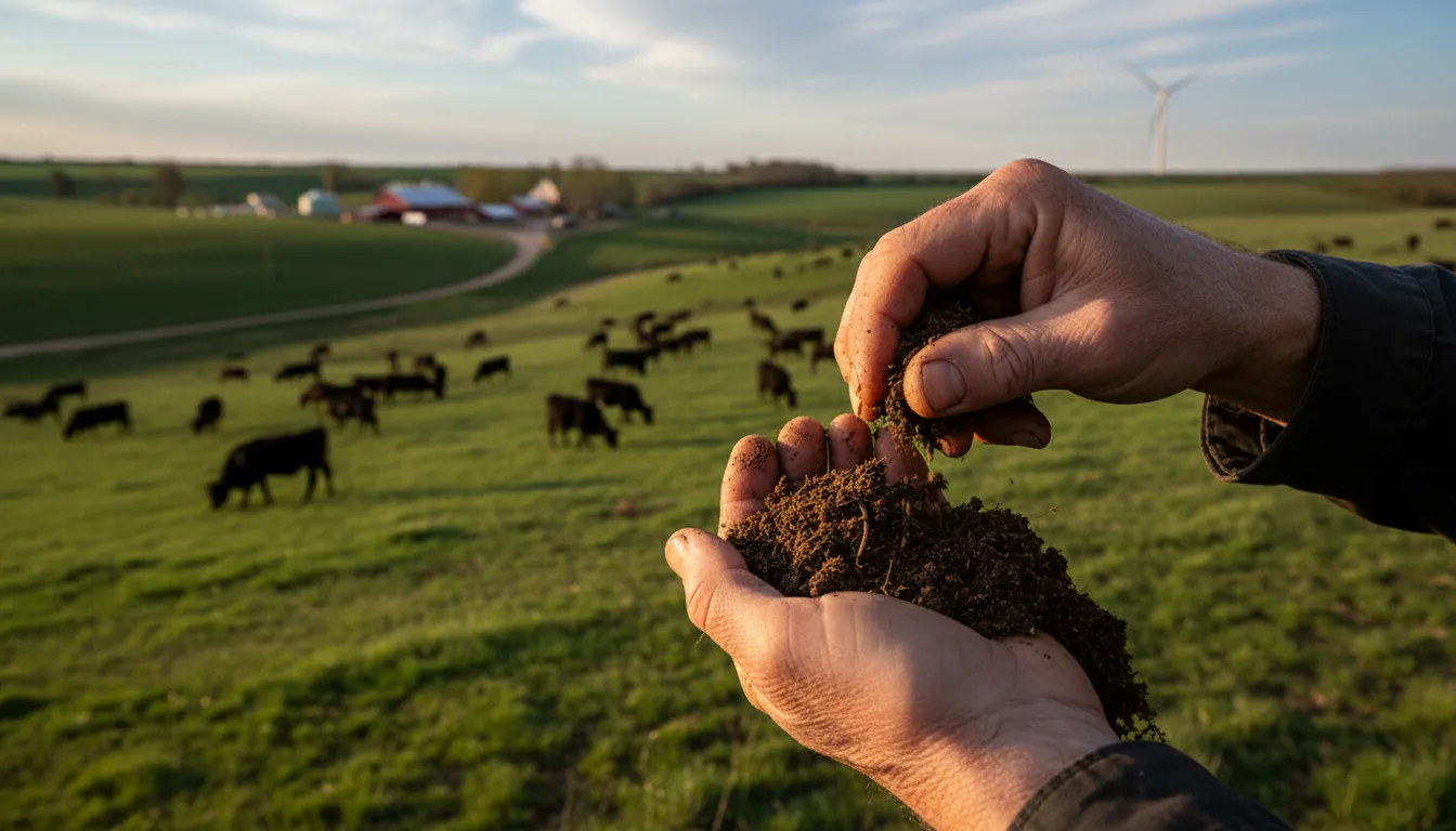 Imagem detalhada de um agricultor avaliando a qualidade do solo, essencial para a intensificação da pecuária sustentável, em uma fazenda no interior de São Paulo.