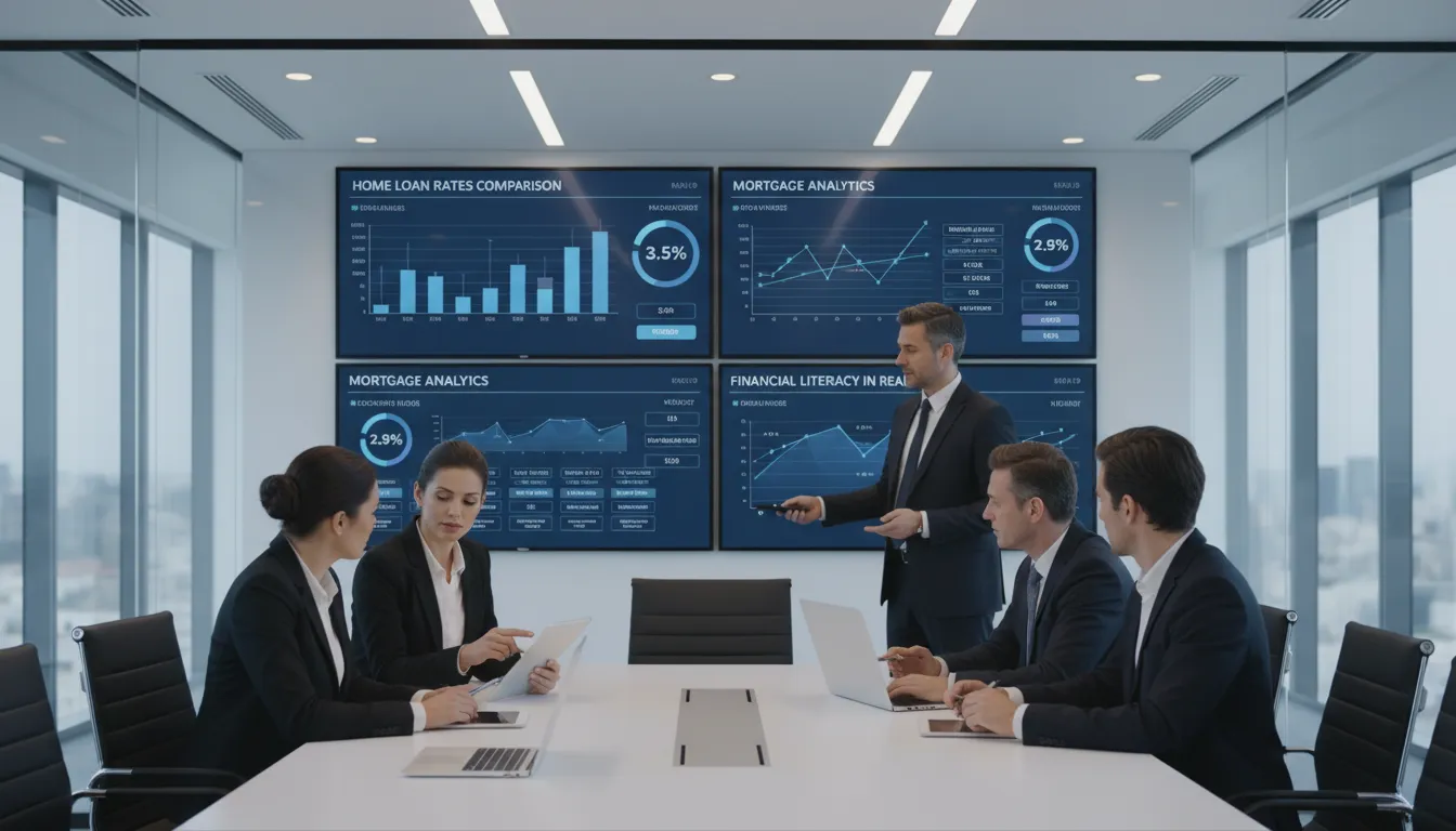Consultores financeiros analisando opções de home equity com tecnologia e transparência