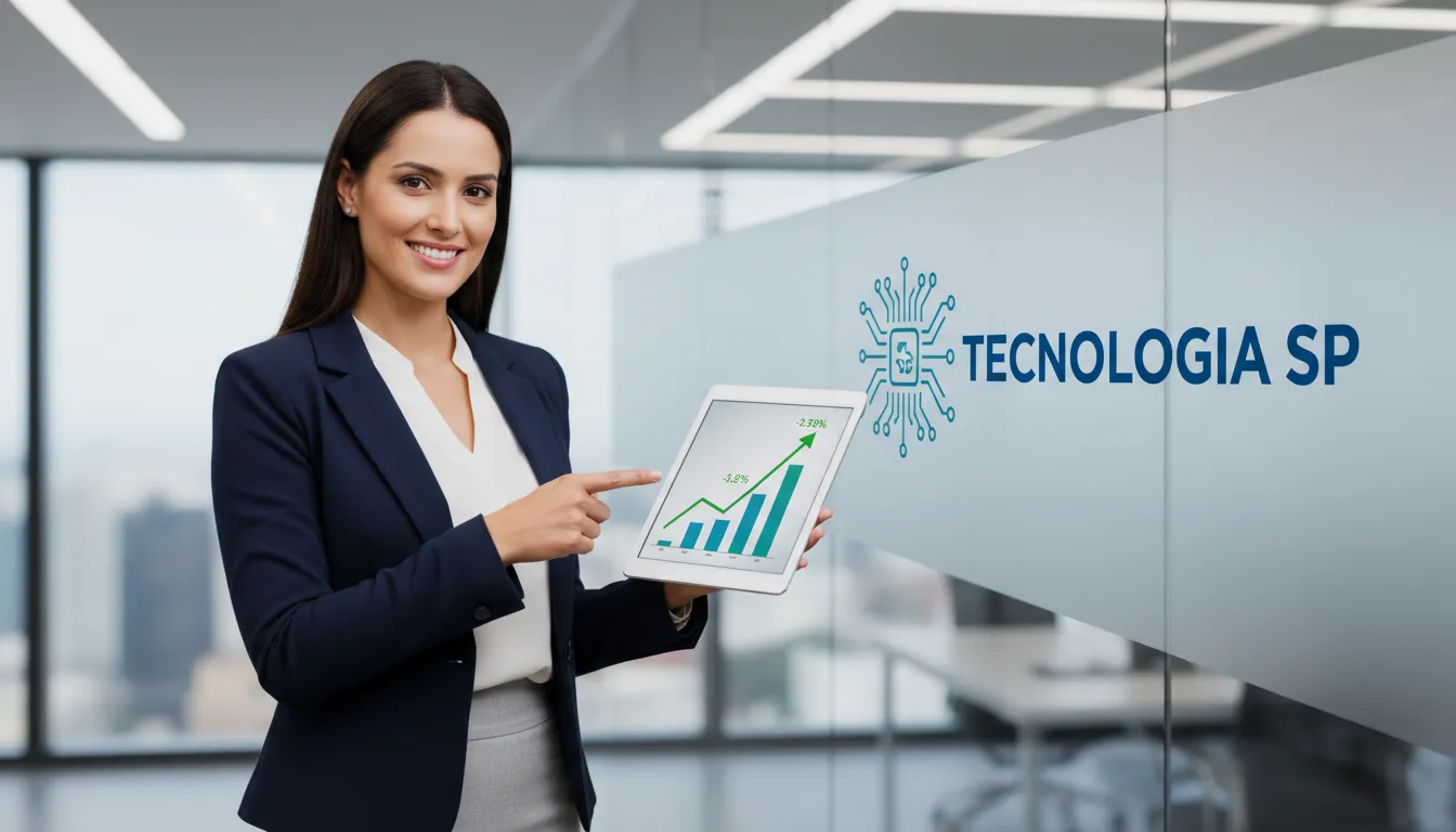 Mulher de negócios sorrindo e apontando para um gráfico de crescimento financeiro. Soluções em Contabilidade para Empresas de Tecnologia em São Paulo.