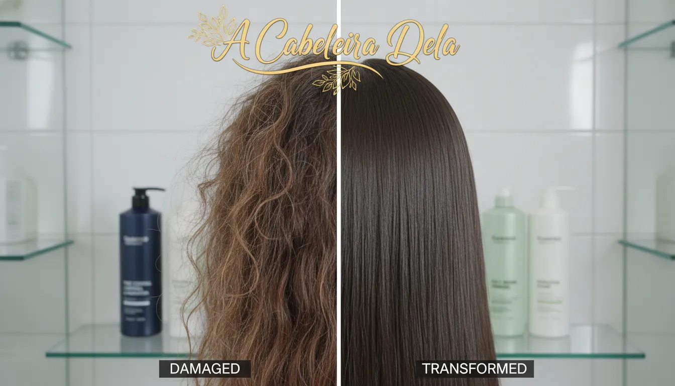 Comparativo visual de cabelos secos e hidratados com shampoos indicados demonstrando como escolher shampoo.