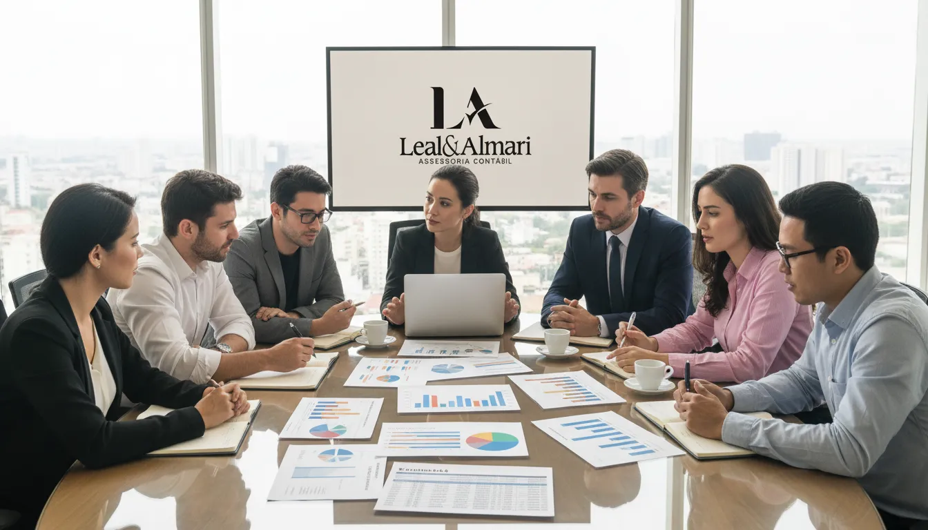 Equipe discute declaração do imposto de renda consulta com gráficos e dados financeiros.