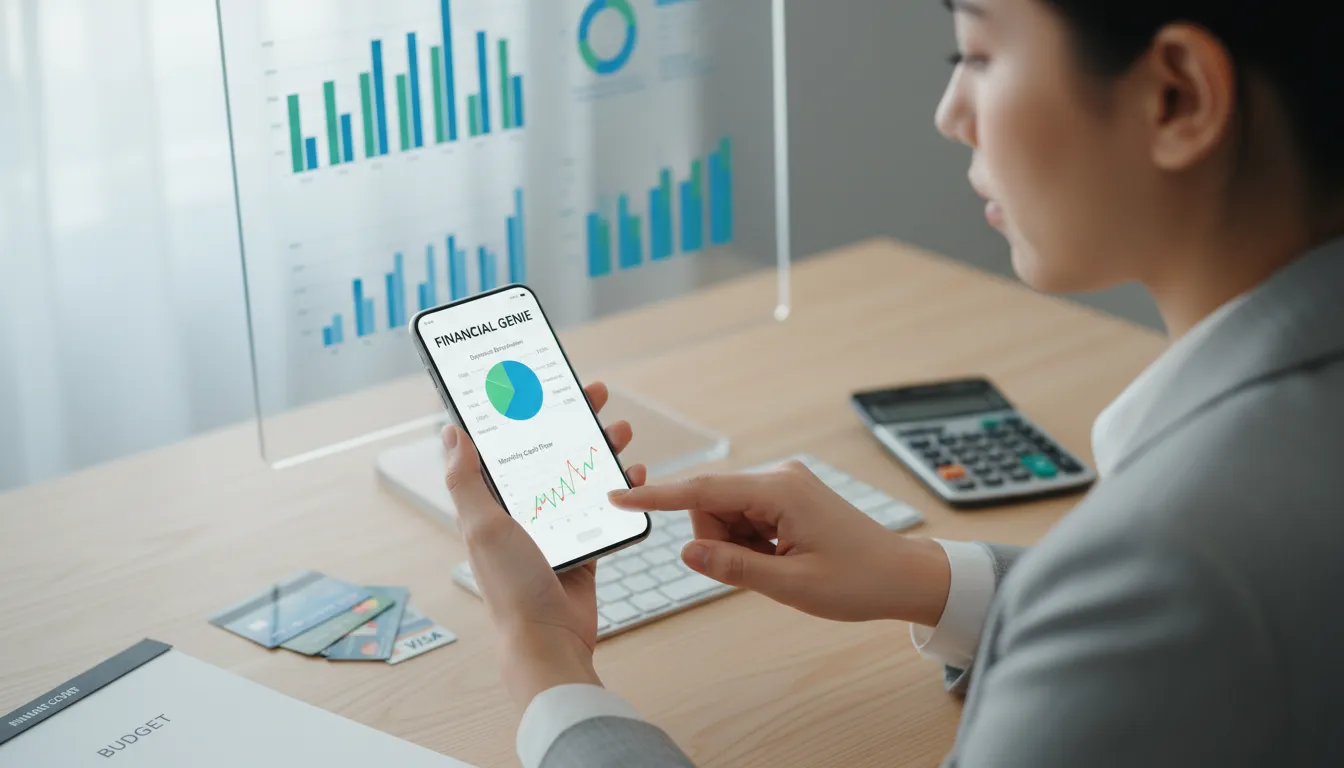 Mulher utilizando aplicativo de finanças em ambiente de trabalho, com gráficos e calculadora ao fundo.