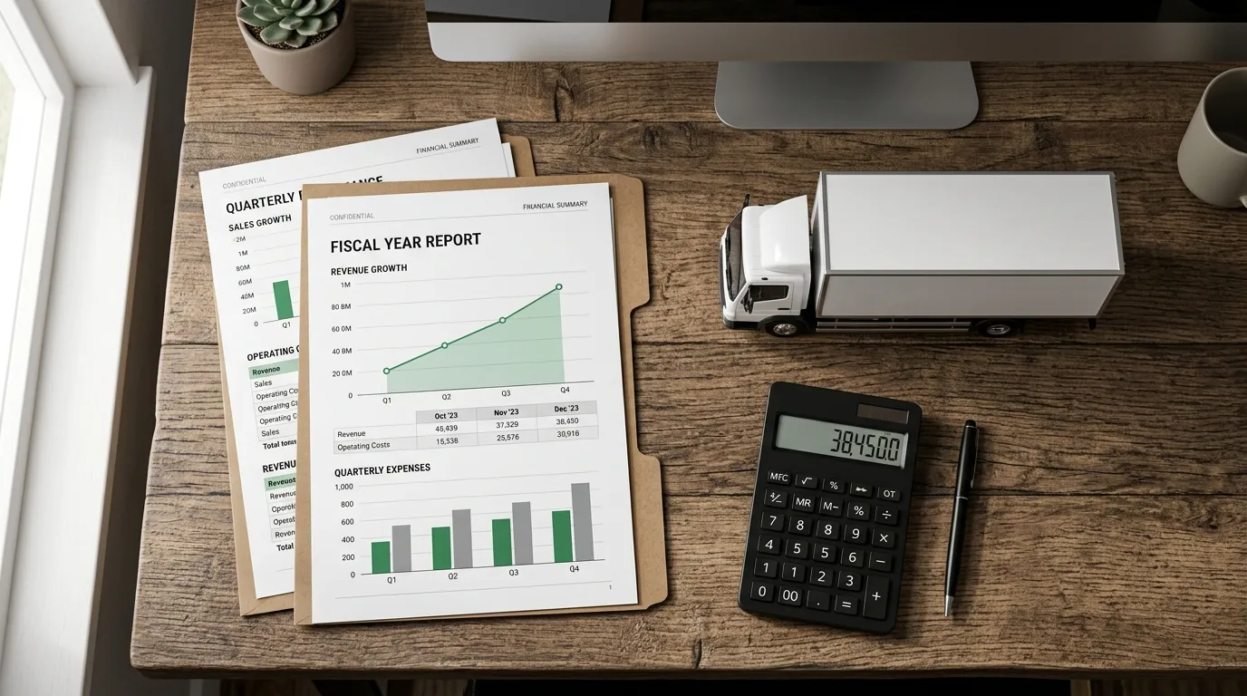 Planilhas e miniatura representando o planejamento de financiamento de caminhao.