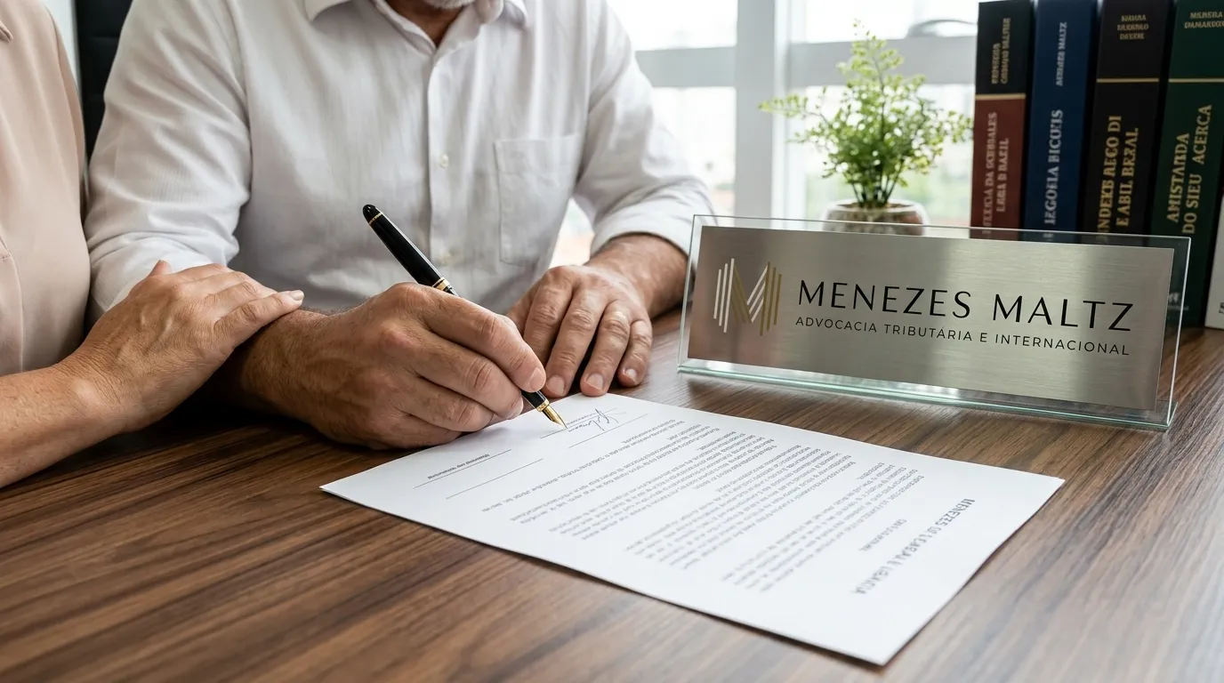 Assinatura de contrato de doação com reserva de usufruto para planejamento patrimonial.