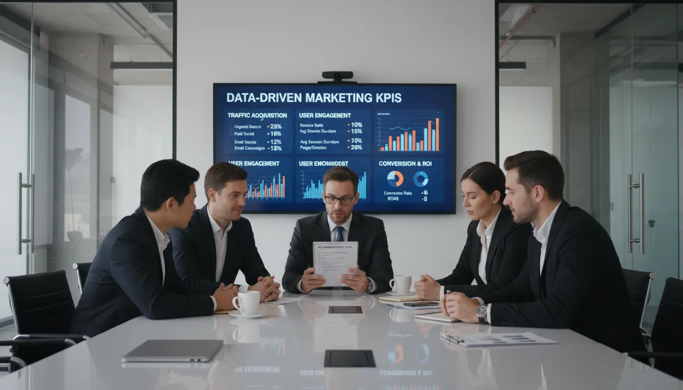Time analisa checklist de implementação do GA4 ao lado de um painel de métricas principais para decisão em marketing digital.