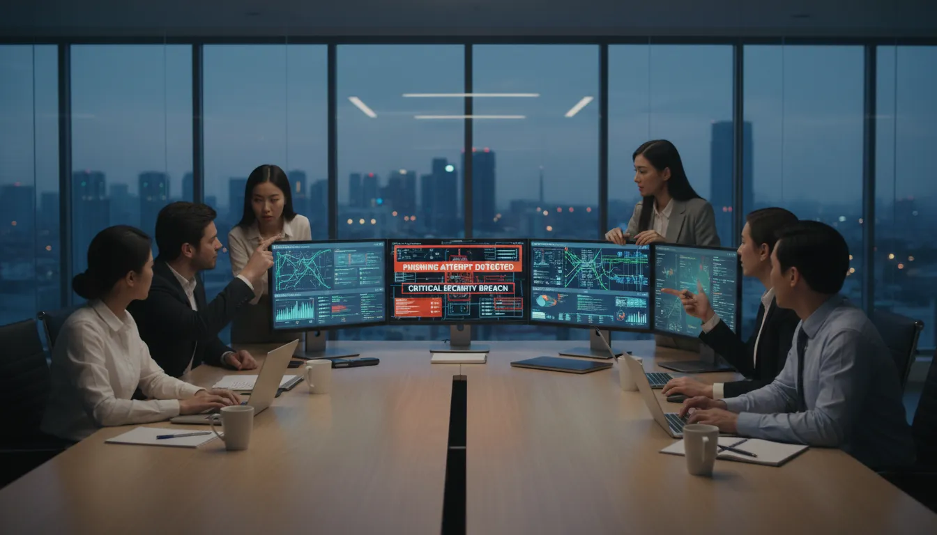 Equipe de TI monitora telas múltiplas para prevenção e detecção de ataques de phishing em ambiente empresarial.