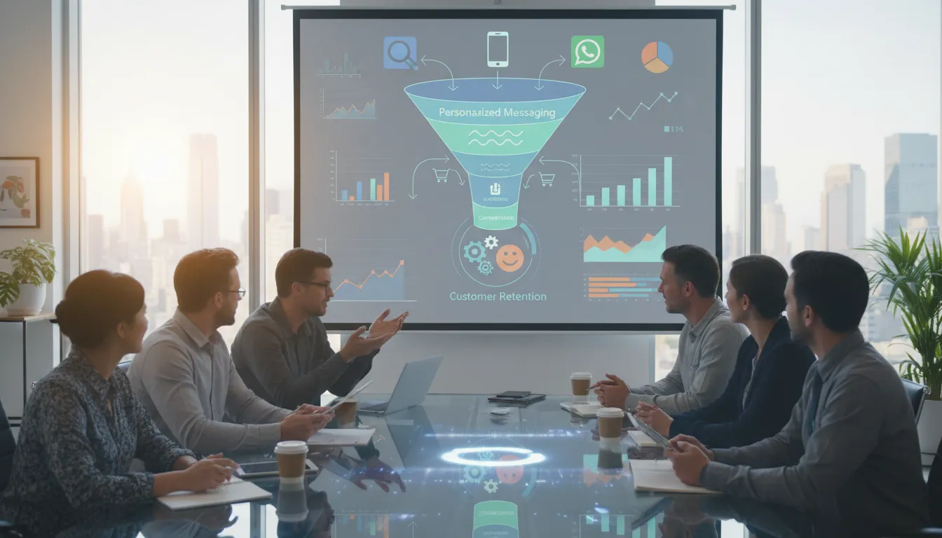 Equipe de marketing digital discute estratégias de mensagens personalizadas whatsapp para funil de vendas de produtos wellness.