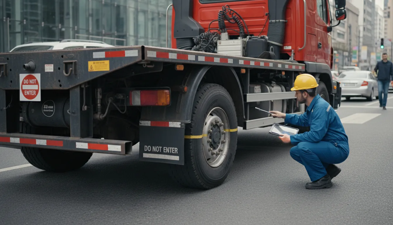 Caminhão sendo vistoriado por técnico em ambiente urbano, mostrando cuidado e conformidade documental.