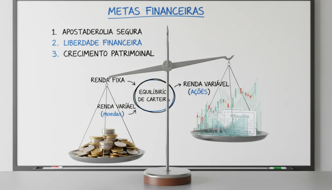 Balança equilibrando moedas e ações com quadro ao fundo mostrando metas financeiras, simbolizando equilíbrio de investimentos.
