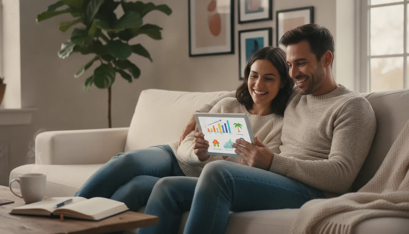 Casal jovem planejando metas financeiras pessoais de longo prazo, como compra de imóvel e aposentadoria.