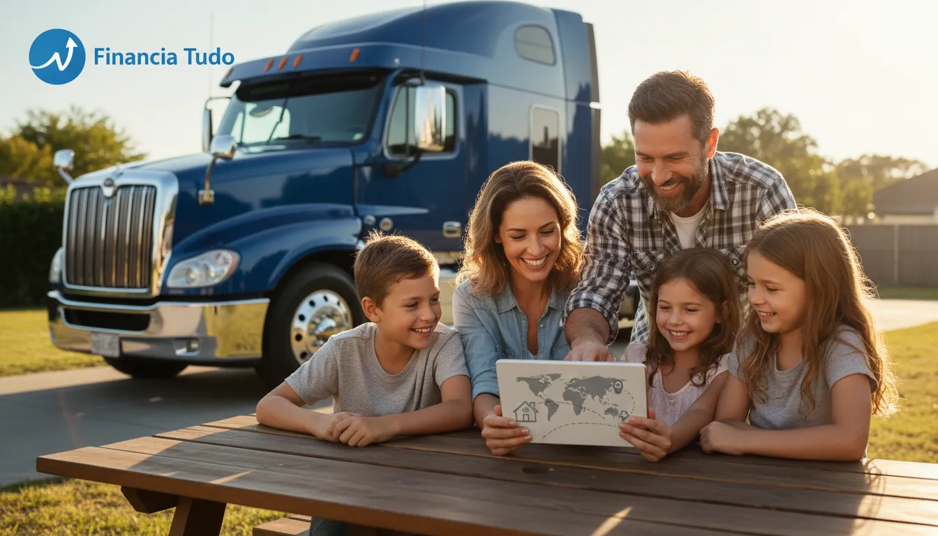 Família de caminhoneiro feliz, planejando o futuro seguro após um financiamento caminhão autônomo bem-sucedido com a ajuda da Financia Tudo.