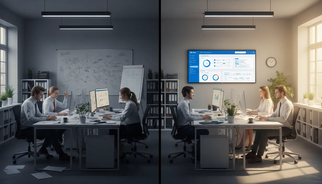 Comparativo visual: caos antes e organização após implementação de um sistema gestão de vendas eficaz em ambiente corporativo.