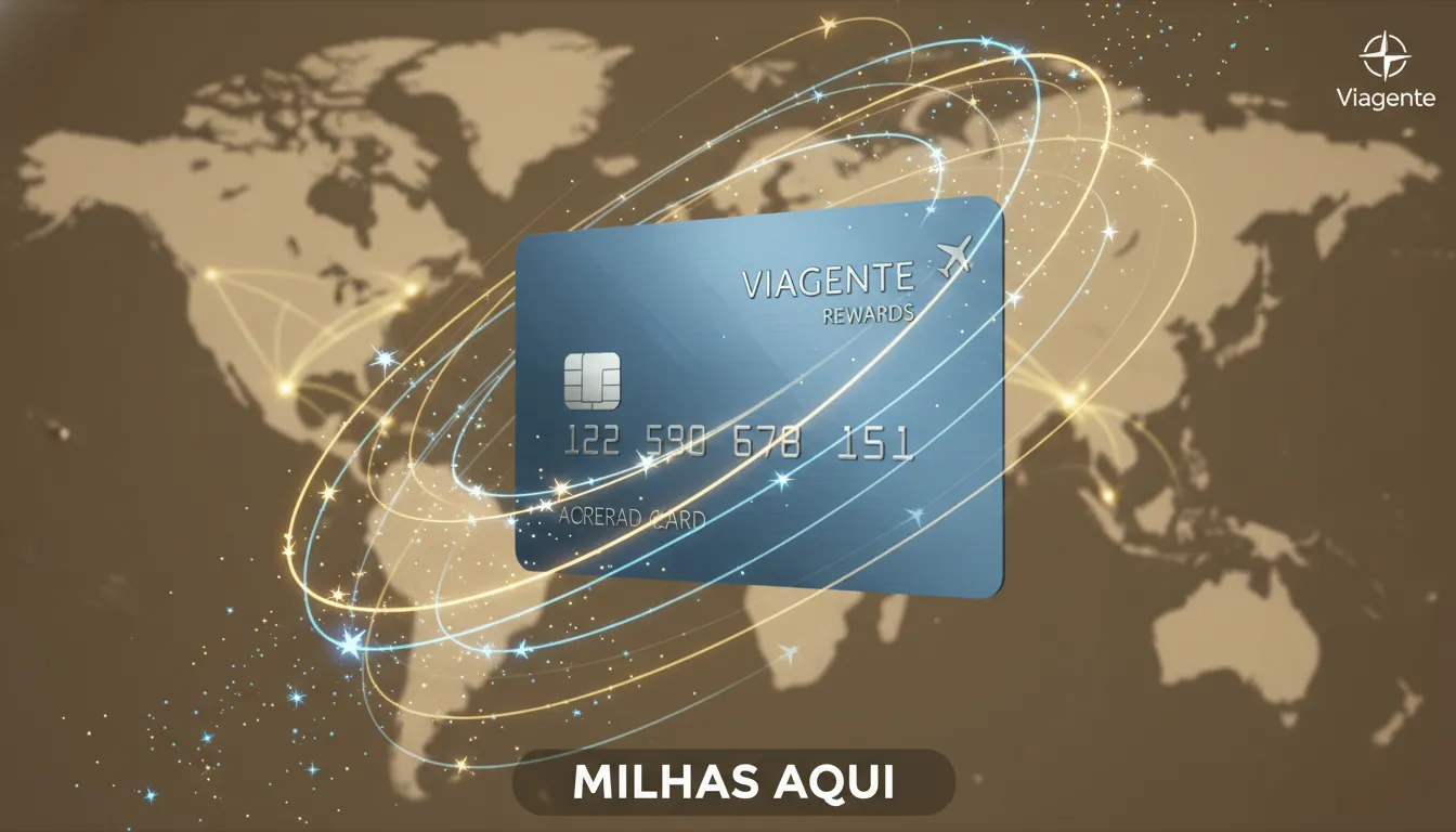 Um close-up de um cartão de crédito com pontos, simbolizando recompensas. Mapa mundial ao fundo mostra destinos, indicando o potencial de comprar milhas para viajar.