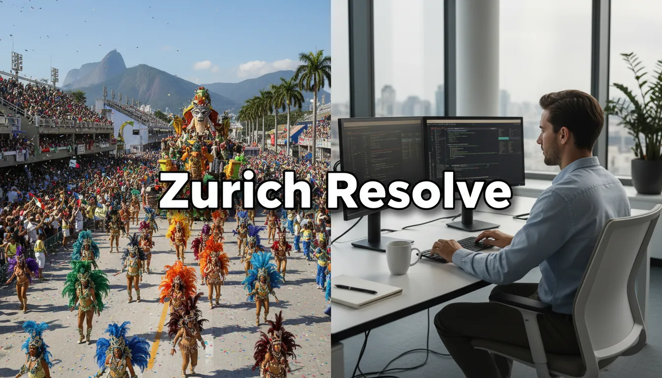 Tela dividida mostrando a alegria do carnaval e o trabalho em um escritório, destacando a Zurich Contábil como solução. Carnaval é feriado ou dia útil?