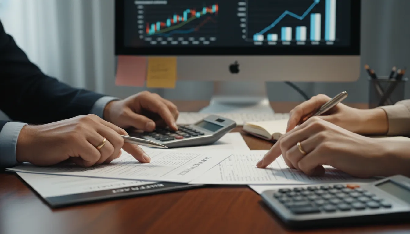 Revisão detalhada de contratos e cálculos financeiros em ambiente empresarial.