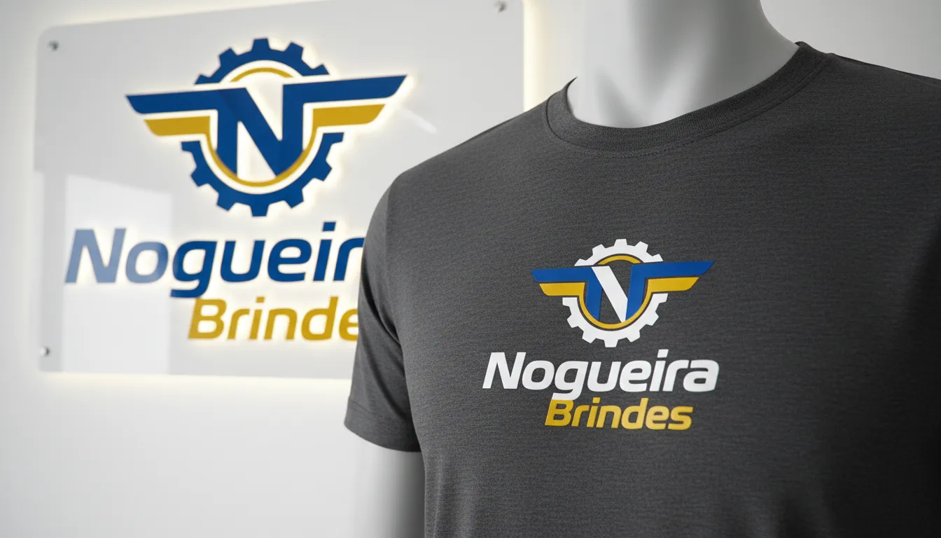 Close de uma camiseta personalizada com o logo da Nogueira Brindes, destacando a impressão de alta qualidade. Detalhe da textura das camisetas personalizadas.