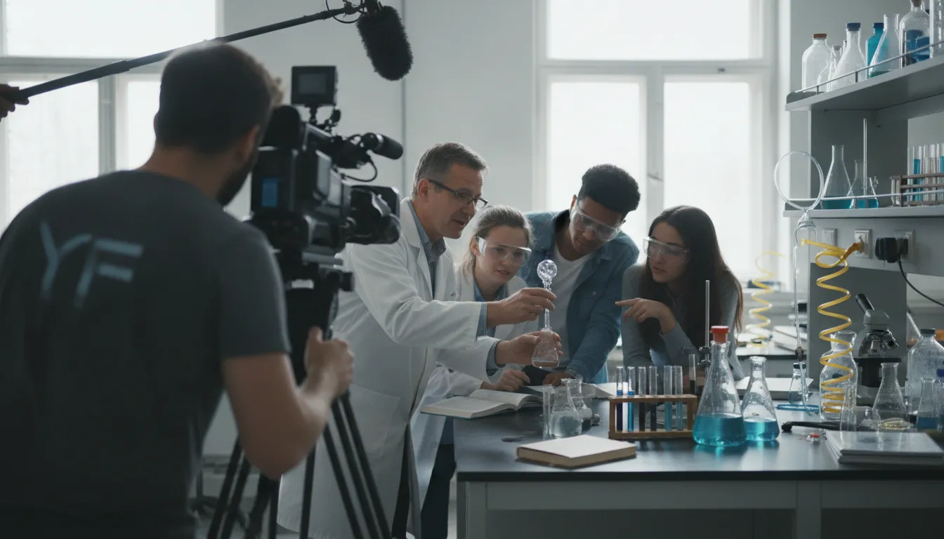 Marketing educacional: Equipe YouFound filma professor e alunos em laboratório, mostrando bastidores do ensino.