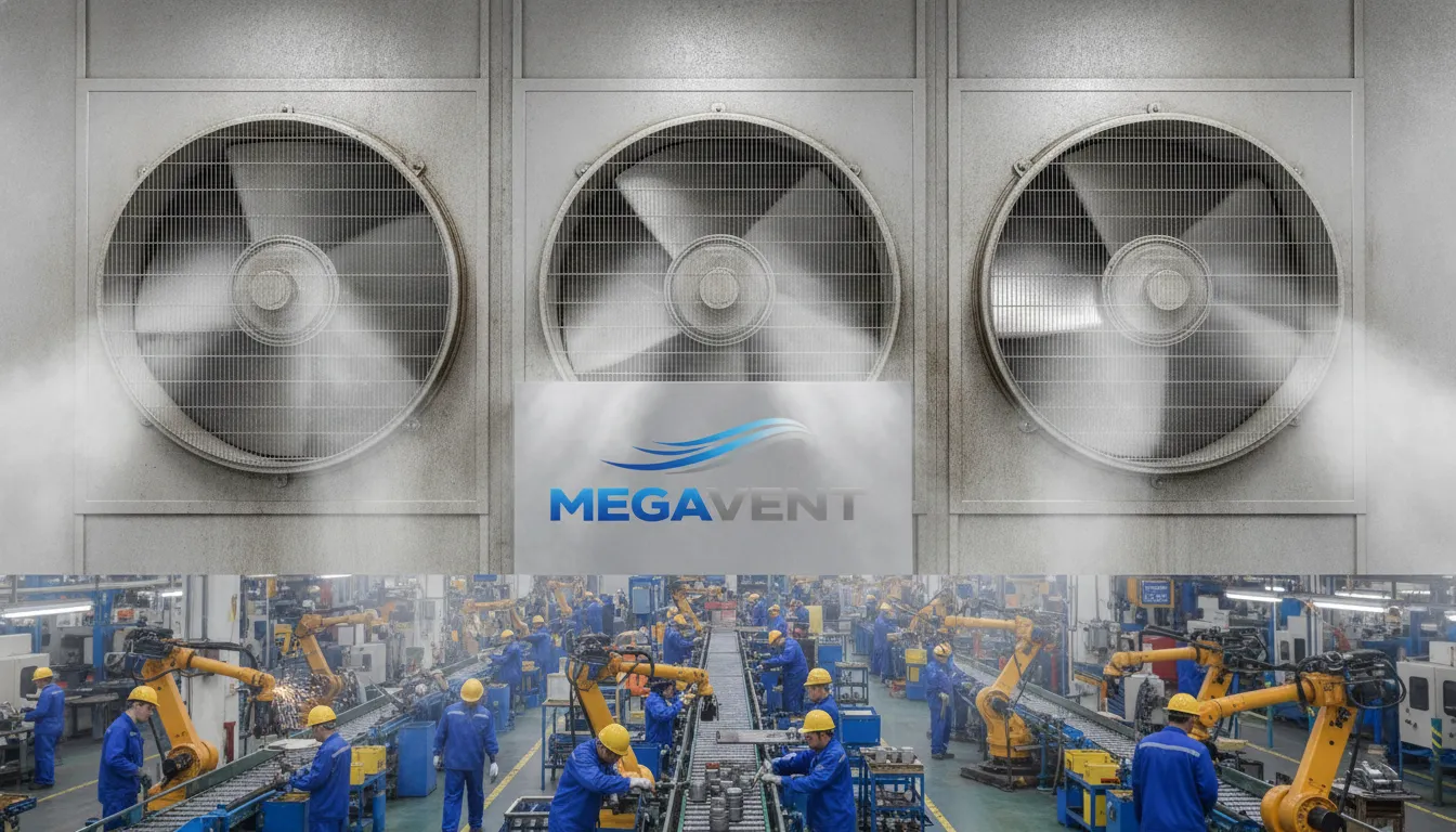 Exaustão industrial MegaVent para climatização de galpão, removendo calor e fumaça, melhorando ambiente fabril.