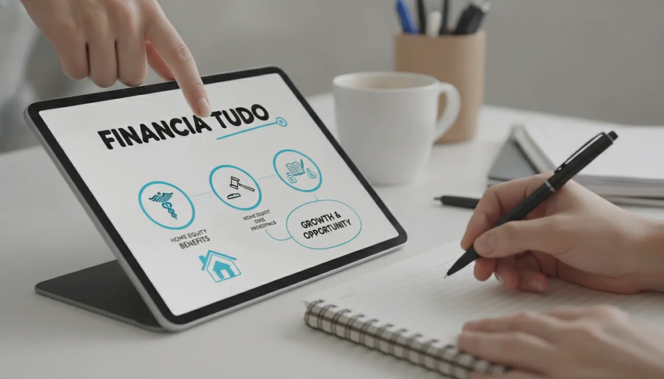 Mão aponta benefícios do home equity para profissionais liberais na plataforma Financia Tudo.