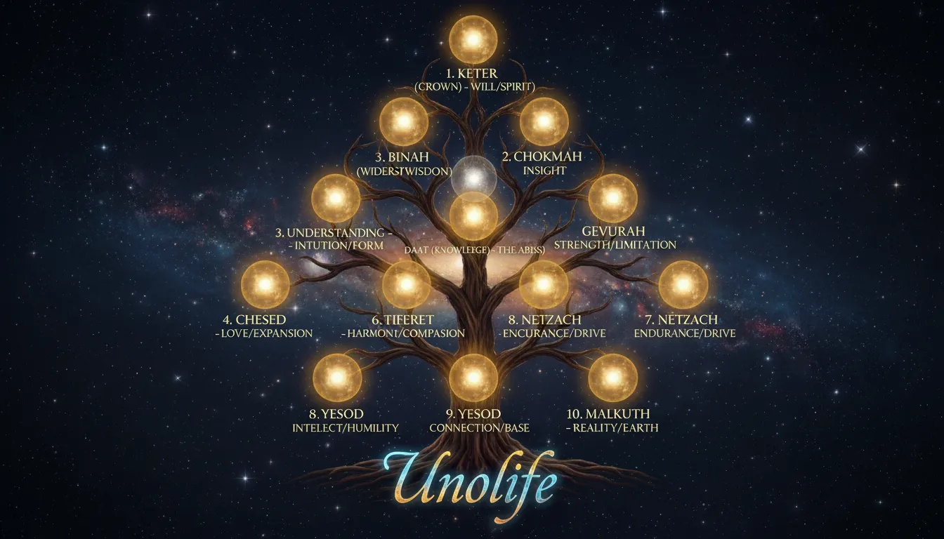 Ilustração da Árvore da Vida Cabalística com os números e significados das Sefirot, representando a numerologia cabalística. Unolife ao fundo.