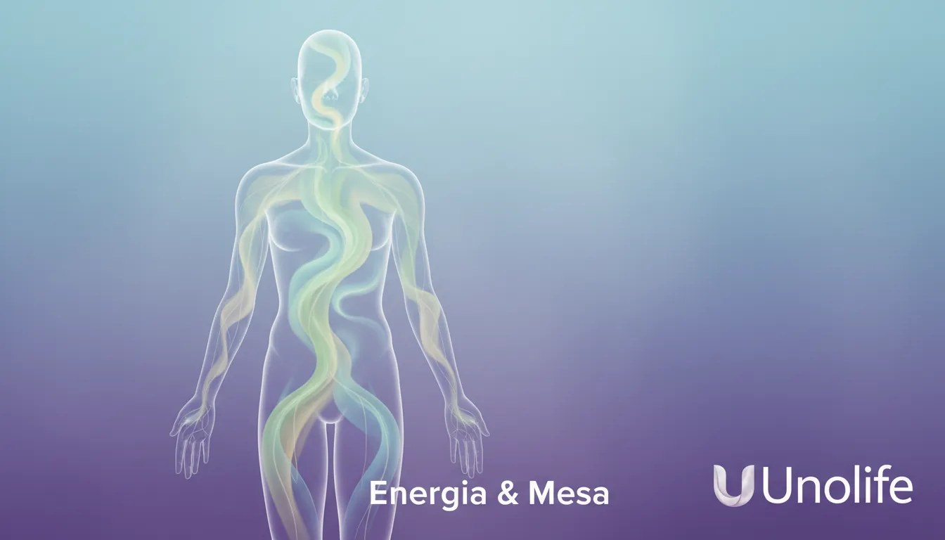 Representação abstrata da energia fluindo através do corpo humano, simbolizando o equilíbrio e a harmonia promovidos pela prática da mesa radiônica com a Unolife.