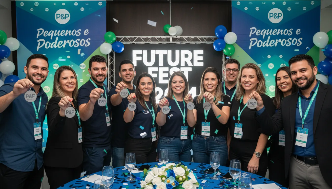 Funcionários felizes em evento corporativo, cada um segurando chaveiros personalizados da empresa, celebrando a eficácia dos brindes na promoção da marca.