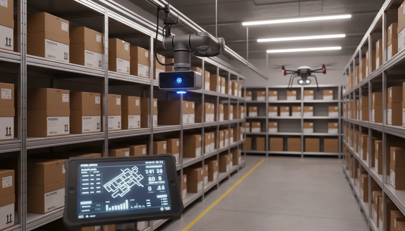 Varejo inteligente: Robô escaneia estoque com RFID, otimizando gestão de inventário em tempo real.