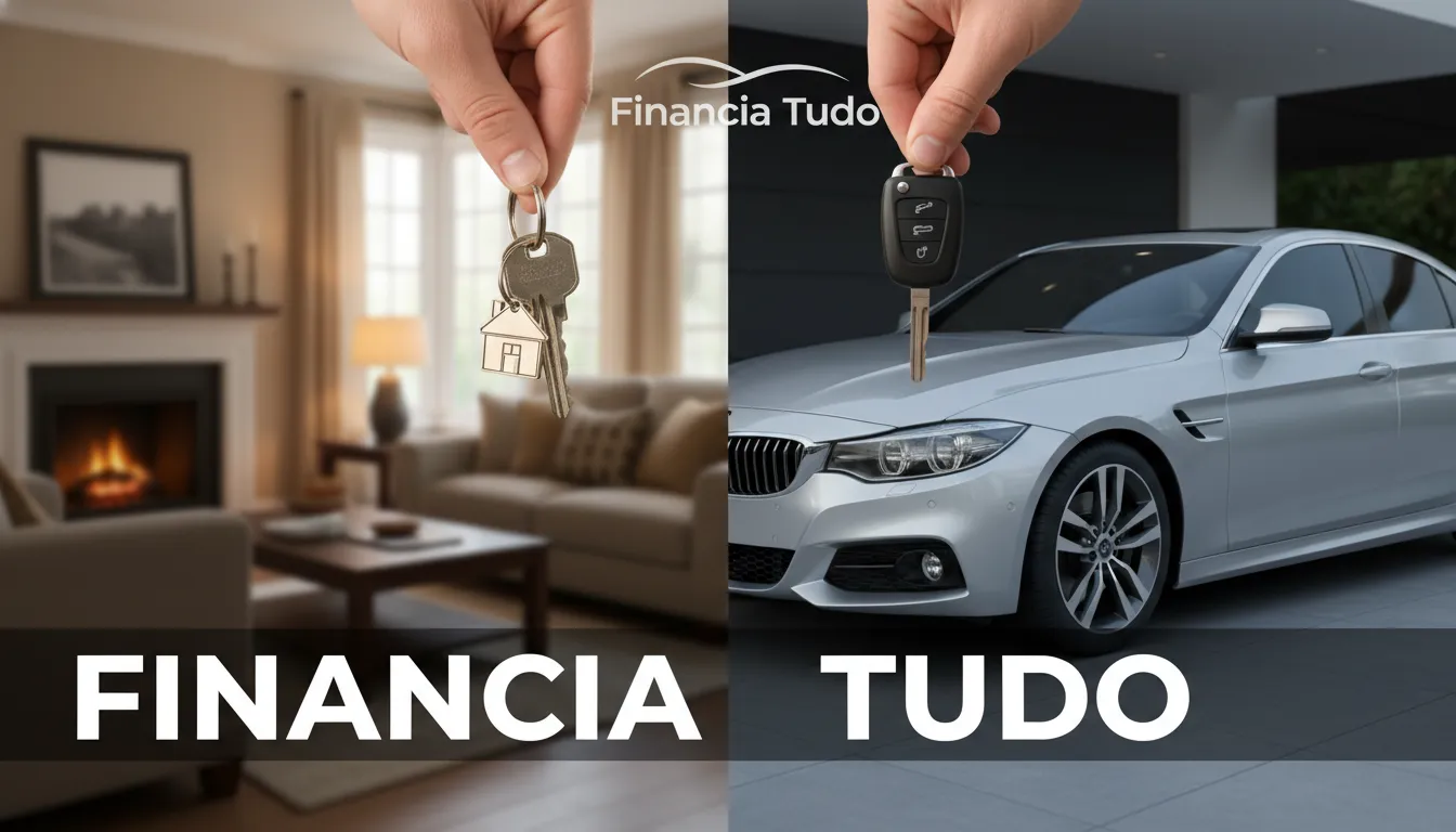 Chaves de carro e casa, representando a escolha entre usar veículo ou imóvel como garantia em crédito. A Financia Tudo oferece opções para ambas as situações.
