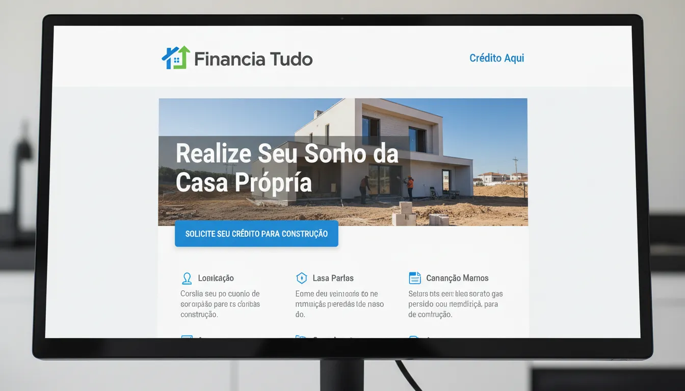Tela de computador mostrando o site da Financia Tudo, com um botão claro para solicitar um empréstimo para construção.