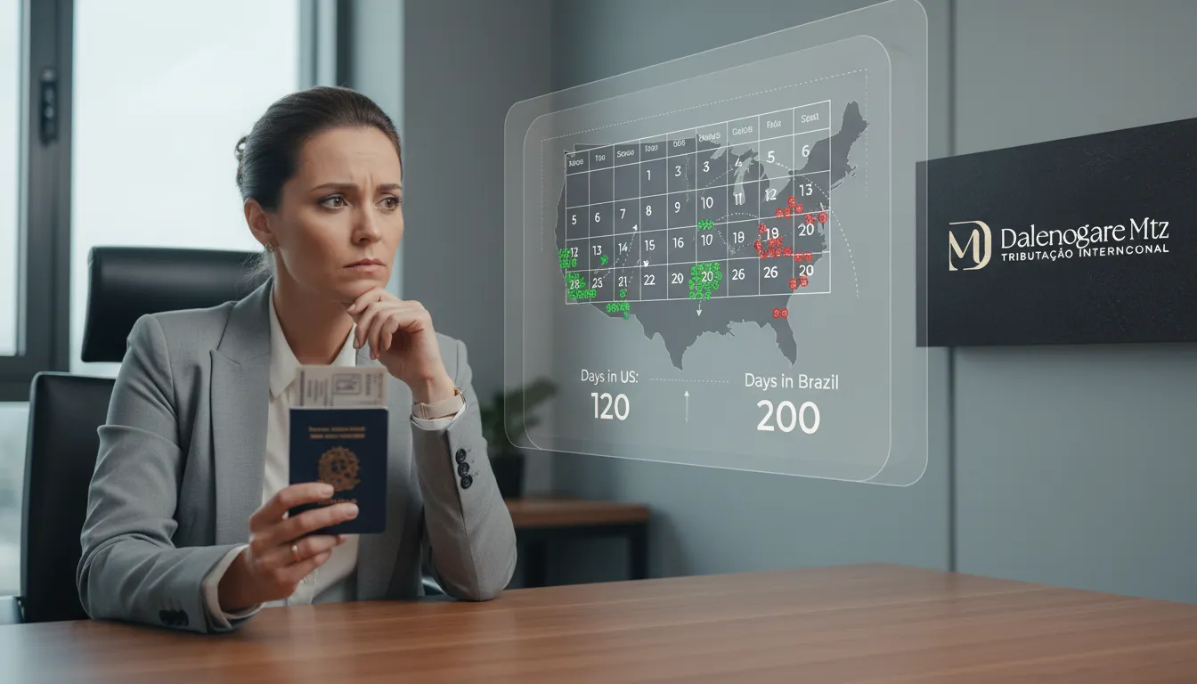 Visualização do Substantial Presence Test para tax residency eua brasileiro, com dias contados entre países.